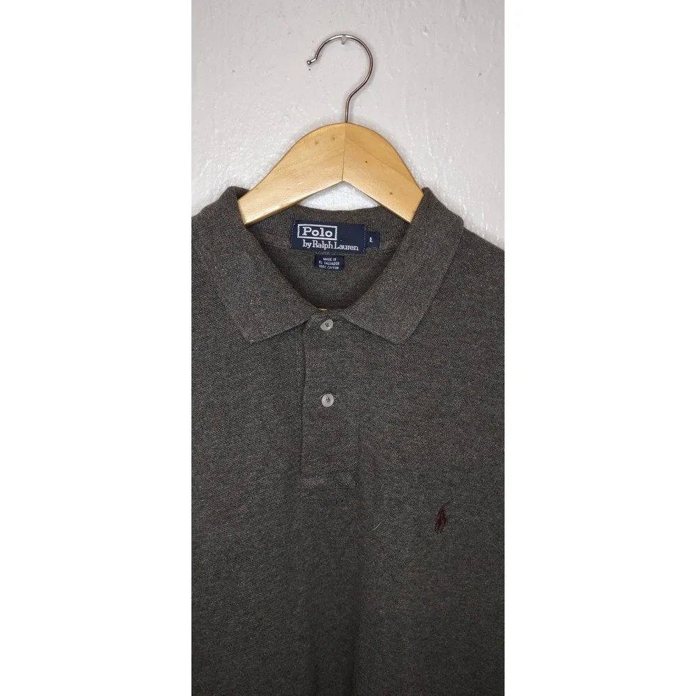 Polo Ralph Lauren Men's Long Sleeve Grey Polo with Maroon Embroiderd Polo Pony